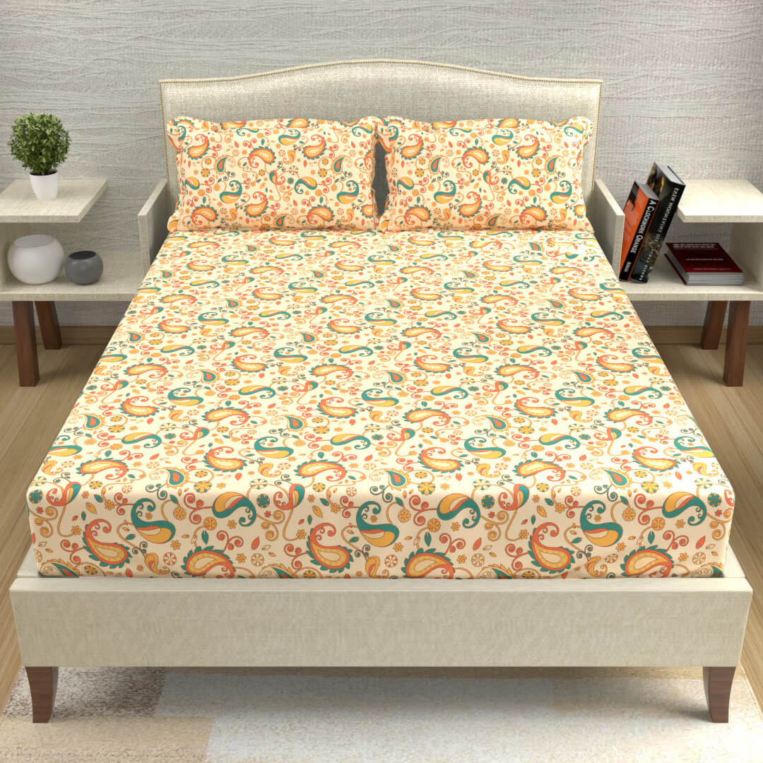 buy light yellow paisley mandala cotton double bed bedsheets online – front view